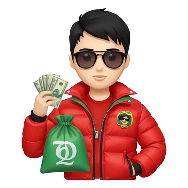 a pretty bratz boy with black hair, holding a bag of money, sunglasses on, red puffer jacket sticker
