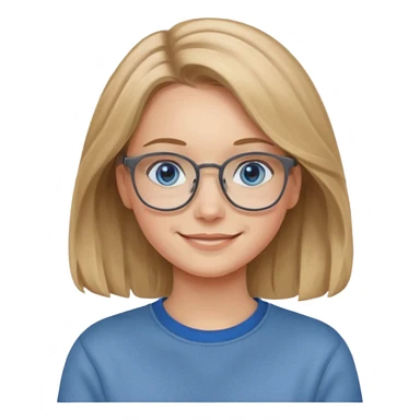 мила дівчинка з пшеничним та трохи хвилястим волоссям до грудей з голубими очами та в окулярах в сірому світшоті посміхається sticker