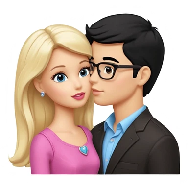 pretty light blonde girl barbie kissing boy nerd with black hair and tan skin on the cheek sticker