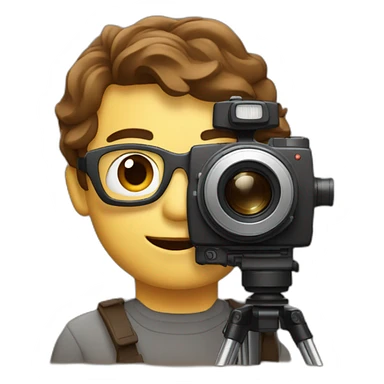 European film director with brown piled short hair holding a cinema camera sticker