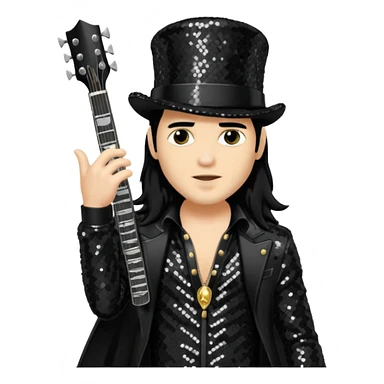 Slash from Gun n Roses with long jet black hair, black sequin outfit sticker