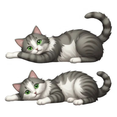 grey and white cat with green eyes doing a big extremely long stretch reaching up into the air with arms and legs side by side together straight and overextended whilst lying on its side sticker
