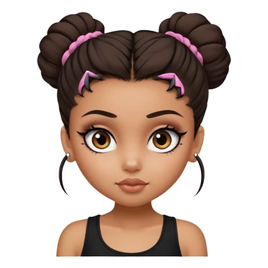 generate a pretty bratz girl in black cami top, dark brown messy bun, eyeliner on. dark brown eyes sticker