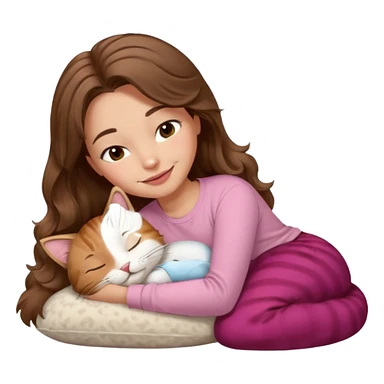 girl with wavy long brown hair, brown eyes, light to medium complexion, long lashes, light pink lipstick, smiling, wearing light pink shirt, sleeping on a cozy pillow, with brown tabby cat  sticker