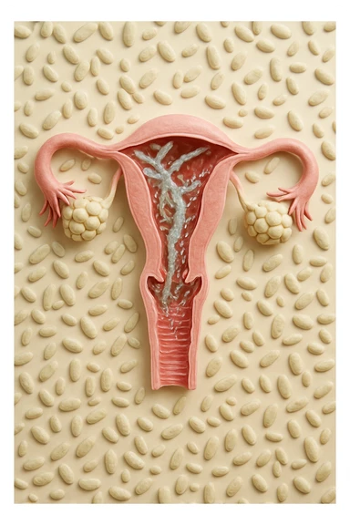 utero umano realistico con batteri della candida intorno, la foto si deve vedere per intero in formato verticale, sfondo neutro chiaro, iperrealistico 4k sticker