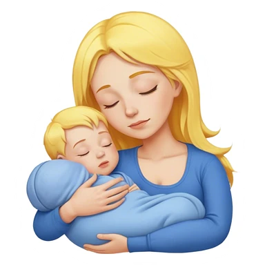 Mother is holding a baby, the mother has yellow hair and pink clothes, the baby is sleeping in blue clothes sticker