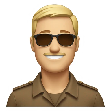smiling white man with a short haircut and short mustache wearing a brown uniform and sunglasses sticker