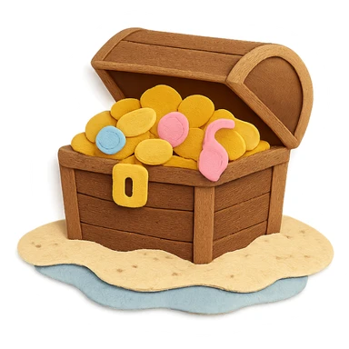 illustration of a treasure chest overflowing with gold coins and jewels on a sandy beach, paper-craft style sticker