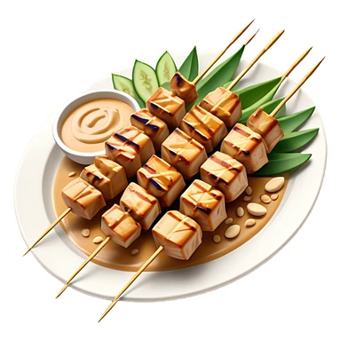 Cinematic Realistic Indonesian Chicken Satay Dish Emoji, depicted as succulent, marinated chicken skewers grilled to perfection with a subtle char, drizzled generously with a rich, creamy peanut sauce that glistens under warm, natural lighting. The vibrant textures of the tender meat and smooth, spicy sauce evoke the authentic flavors of Indonesian street food, rendered with lifelike detail and dynamic, appetizing lighting. sticker