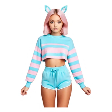 En anime-ku-jente med to rosa lange tykke fletter og cyan striper i håret, ku-horn og ku-ører, sort BH-topp over en gul cropped-fleece-blouse, lilla øyne, søt sløyfe på halsen  sticker