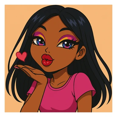 Change the pose to blowing a kiss, headshot only, keep her as a 20-year-old anime Bratz style woman with dark skin, dark hair, bold colorful fashion-forward look, big expressive eyes, glossy lips, and a happy expression. No tears. sticker