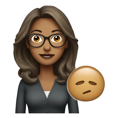 woman in her 40s with big round thin glasses, long brown ha sticker