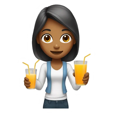 a girl holds a glass with orange juice in one hand and an apple juice in another hand sticker