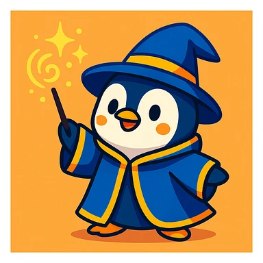 a cute penguin wizard casting a spell, wearing a robe and holding a wand, in a colorful cartoon style sticker