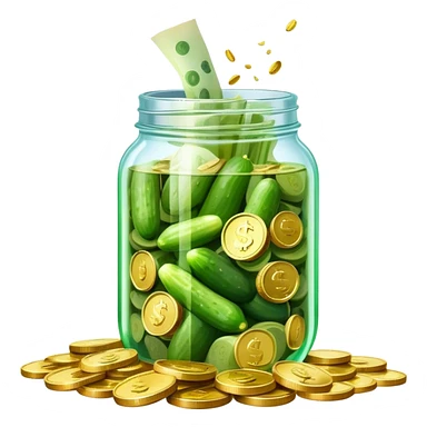 льющийся за края неоновый джус из банки с маринованными огурцами и пачками денег с монетами sticker