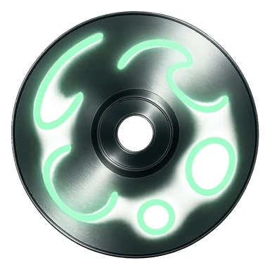 A minimalist CD disc with abstract pattern, glowing effect, green color sticker