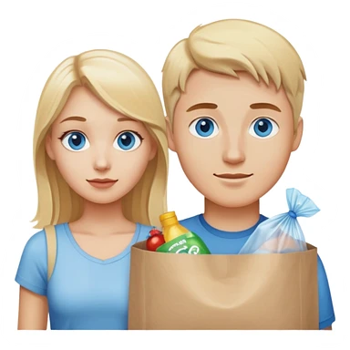 Blonde guy with blue eyes and blonde girl with brown eyes holding a plastic bag sticker