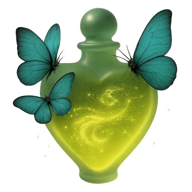 Enhance the inside of the heart-shaped bottle to appear filled with a luxurious, swirling liquid in color #c0ff53 with a realistic, flowing glitter effect. The liquid should sparkle and swirl inside the bottle in a very 3D and magical way. Keep the two butterflies and magical sparkling dust as is. Maintain transparent background (PNG). sticker