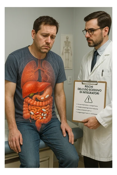 a man sits on a doctor’s examination table, looking fatigued and uncomfortable. A transparent anatomical overlay reveals his liver and intestines, both appearing inflamed and congested, with stylized supplement capsules and pills scattered throughout the digestive tract. The doctor stands nearby, holding a chart that highlights the risks of excessive supplement use. The mood is clinical and educational. in italiano iperrealistica sticker