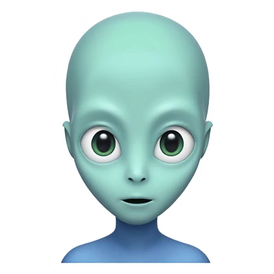 Portrait of an alien with smooth greenish-blue skin, large black oval eyes, small nose, and no visible ears, elongated head, front-facing, wearing t-shirt, soft glow, simple futuristic design sticker
