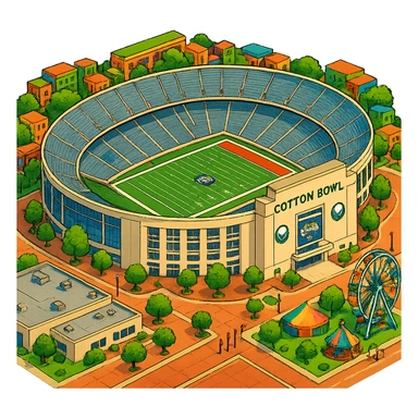 Изометричная, яркая, детализированная и фотореалистичная иллюстрация стадиона Cotton Bowl в стиле 3D-коллажей городов, насыщенные цвета, аккуратные и чёткие линии, мультяшно-реалистичная стилистика. Чёткие контуры, не размазанные линии, высокое качество, прозрачный фон, не обрезать края стадиона. sticker
