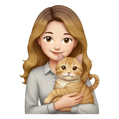 an Asian woman with long wavy hair, brown base with golden highlights. She is smiling gently and wearing a light-colored shirt. She is holding a golden shaded British Shorthair cat (BY23 color) in her arms. The cat looks fluffy and has round golden eyes.  sticker