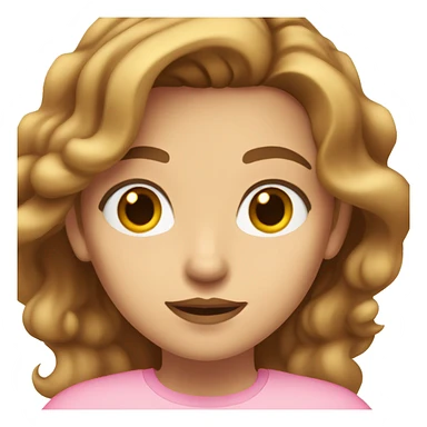 female character with long, wavy light brown hair, large brown eyes, light to medium skin tone, and soft pink lips with a neutral expression. She is wearing a plain pink shirt sticker