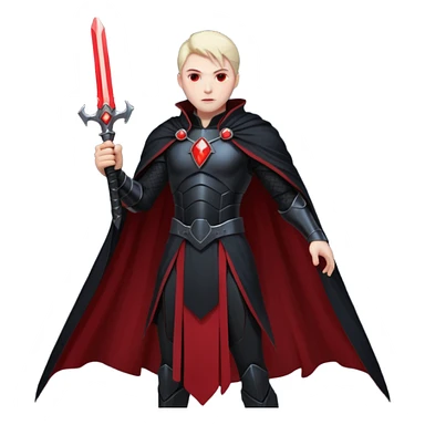 dark sci-fi villain human, black armor, long cape, glowing red energy sword, dramatic pose, 3D cartoon, mobile game icon style, clean background, no text sticker