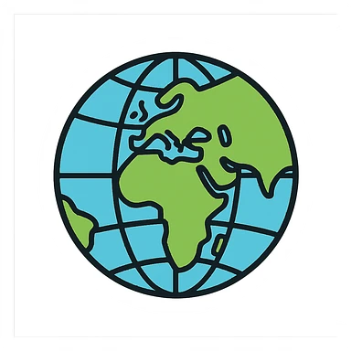 detailed globe icon showing continents, oceans, and latitude/longitude lines, lineal color style with black outlines sticker