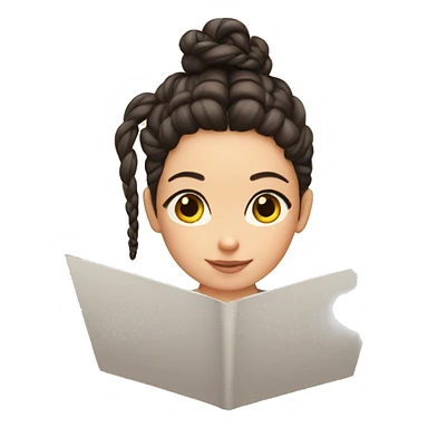 A girl with dark hair and two braided hairpieces writes a letter sticker