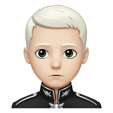 Head and shoulders emoji of a pale man with short white hair, wearing a black marching band jacket with silver trim. black eyeliner. Expression stoic, commanding, and theatrical, heroic emo style sticker