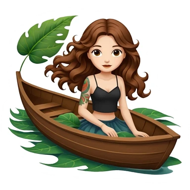 cute woman long wavy brown hair tattoos floating on leaf boat sticker