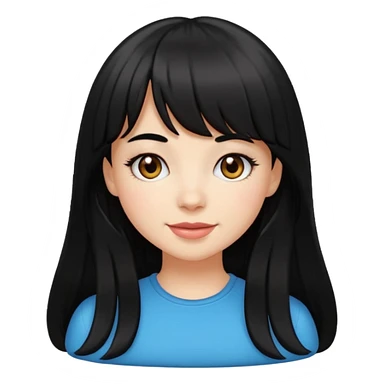 pretty white girl with long black hair and thick bangs, very dark brown eyes, cheerful and cute, emoji style sticker