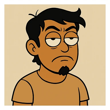 Make the tan skinned guy with black hair look more annoyed while rolling his eyes, and add a small goatee beard. Keep the style and background the same as the original image. sticker