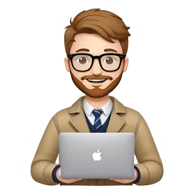 smiling college stylish British  hipster man with MacBook with glasses sticker