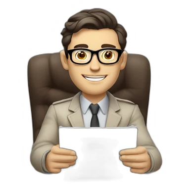Pale skinned Fit Man With dark brown hair in gray jacket, beige office shirt and vintage glasses sitting In a soft chair with a notebook with emblem Ψ and a pen in his hands sticker