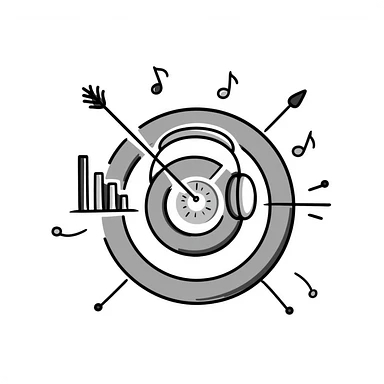 square emoji symbol of a symmetrical target with musical marketing details including headphones, musical notes, bar chart, doodle style, for online course cover sticker