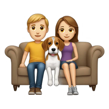 Brown hair White boy and girl with beagle Sit on couch sticker