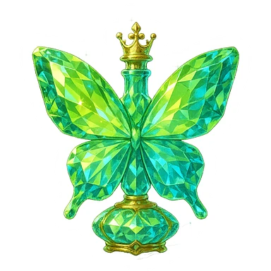 luxurious crystal butterfly-shaped bottle with short neck and princess crown, many facets, glowing and light refractions, green (#c0ff53) and blue colors, golden details, subtle magical effects, transparent background, beautiful connected base, floating in air, no ground or shadow, design very close to original sticker