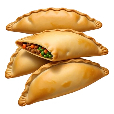Cinematic Realistic Empanadas Dish Emoji, showcasing crispy fried turnovers filled with spiced meat and vegetables rendered with rich textures and dynamic, appetizing lighting. sticker