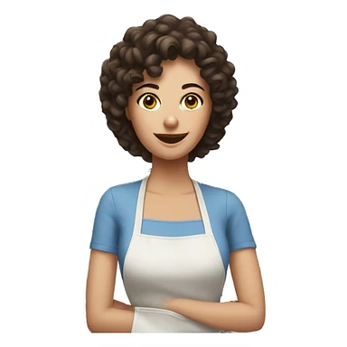 White woman with dark brown curly hair cooking sticker