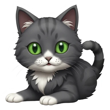 solid dark grey cat with green eyes, fully grey face, white toes/paws playfully rolling upside down sticker