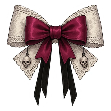 Edit the image to depict a white gothic bow with lace details, dark pink accents, and additional gothic elements such as tiny skull charms and black velvet ribbons. The style should be general to allow flexible editing. Remove the background. sticker