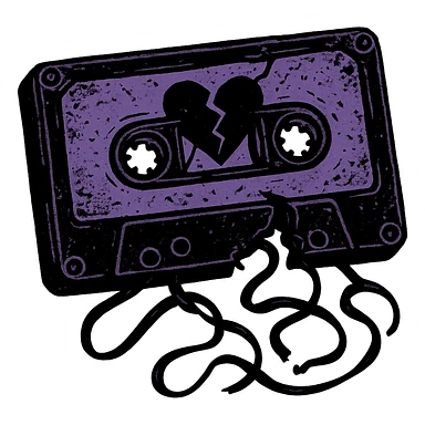 emo style black and purple broken cassette tape, no background sticker