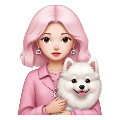 girl in pink Chanel-style outfit with white Samoyed dog sticker