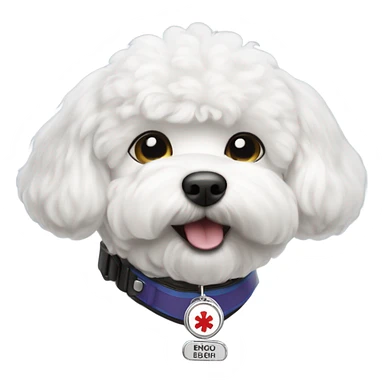A service dog Bichon with a medical alert badge  sticker