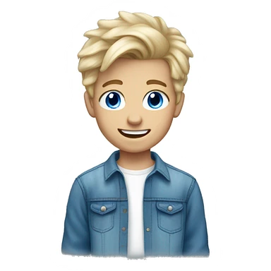 A white blonde 15 year old boy with white teeth blue eyes dressed in a jeans shirt and blue joggers sticker