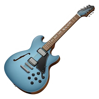A gray-blue electric guitar with a black pick guard sticker