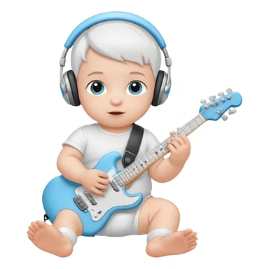 a cute baby in a white diaper and air pod max silver headphones playing a baby blue electric guitar sticker