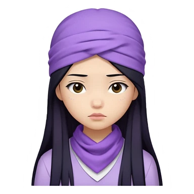 Asian girl with straight long hair, lilac bandana, white and lilac clothes, sad face sticker
